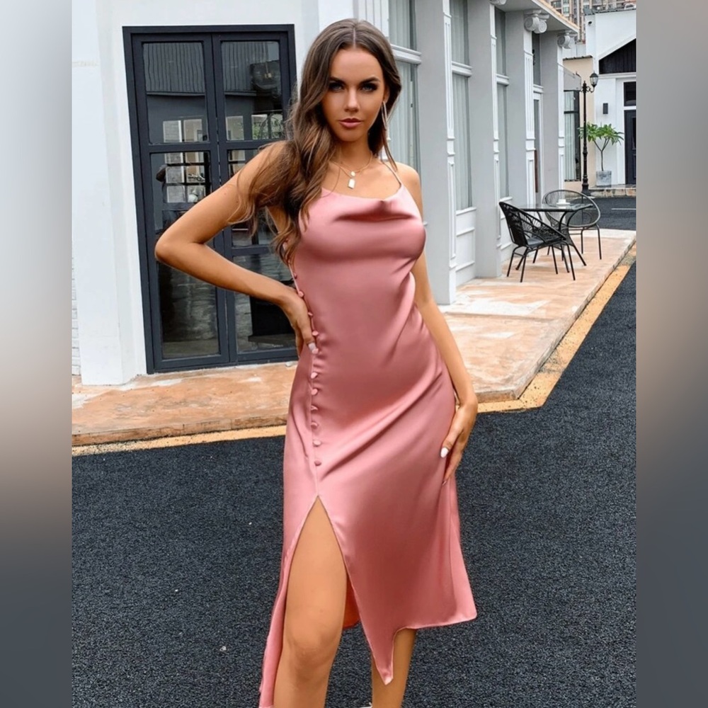 New! Rose Pink Satin Cami Dress with Split Thigh and Button Detail
